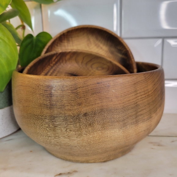 Vintage Hand Turned Myrtle Wood 3 Piece Bowl Set Made in USA, The Wooden Nickel - Picture 6 of 8